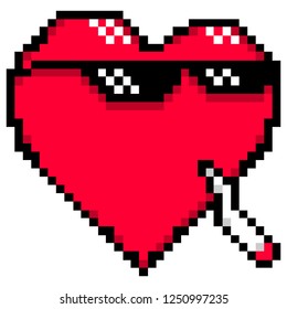 Red heart with meme glasses and joint (rolled marijuana cigarette). Thug life or Like a boss or Deal with it. Illustration created in the style of pixel art. Graphic element vector illustration