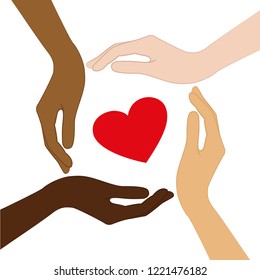 red heart in the middle of human hands with different skin colors vector illustration EPS10