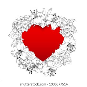 Red heart in the middle of the image. Blooming flowers garland around text place isolated over white background. Vector illustration.