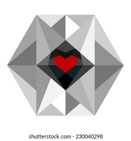 A red heart in monotone hexagon shapes, vector illustration