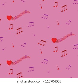 red heart with musical notes flowing seamless pattern