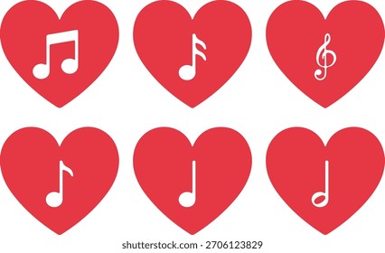Coração Vermelho com Notas Musicais Conjunto de Ícones Representando Amor para Música Vetor