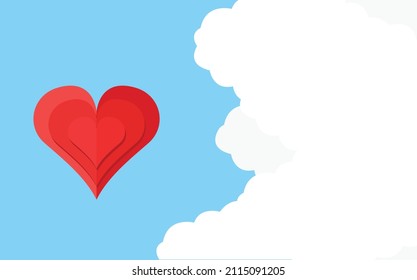 red heart next to white clouds on a light blue background