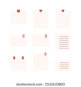 Red heart note paper collection. Planner, organizer, reminder concepts. Flat minimal decorative vector design isolated illustration.