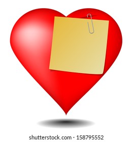 Red heart and note paper with paperclip on white background.