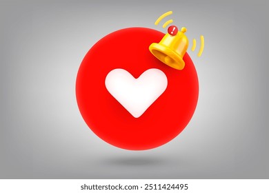 Corazón rojo y campana de notificación. Ilustración vectorial 3D