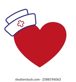 Red heart with nurse hat icon. Medical care and appreciation symbol for National Nurses Week, healthcare, and hospital themes