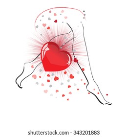 red heart on a background hurrying  woman barefoot feet 