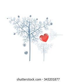 red heart on a background of stylized winter trees