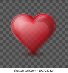 Red heart on background with transparent effect. Glossy crystal glass heart symbol of Valentines day.
