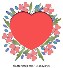 Red heart on a background of wild flowers. Frame for your text. Paper cutting and crafting style. For Valentine's Day, Mother's Day, Women, Wedding, Love, marriage proposals. 