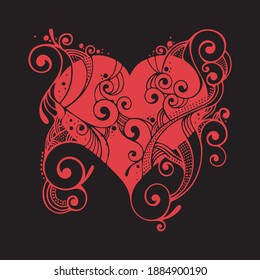 red heart on black background. Valentine card. Lace heart. Floral pattern.