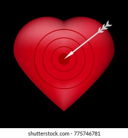 Red heart on a black background, target and white arrow, vector
