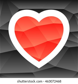 Red heart on black polygon background. Vector illustration