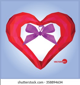 Red heart on the blue background made in polygonal graphics for design greeting Valentines cards and gift . Symbol of love and Valentines Day. Valentine's day card with love symbol. 