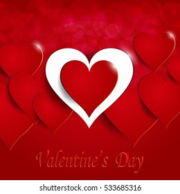 Red heart on a celebratory background. Postcard in honor of Valentine's Day with. Greeting inscription. Vector illustration
