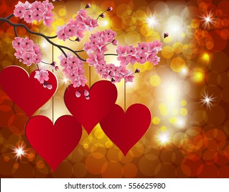 Red heart on a celebratory background. Flowering branch of cherry. Postcard in honor of Valentine's Day. Vector illustration