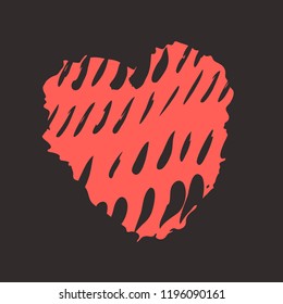 Red heart on the dark background. Hand drawn love symbol. Clip art, brush, ink. Decor element for Valentine's day card, pattern, poster, label, sticker, postcard and print. 