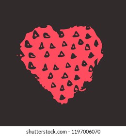 Red heart on the dark background. Hand drawn love symbol. Clip art, brush, ink. Decor element for Valentine's day card, pattern, poster, label, sticker, postcard and print. 