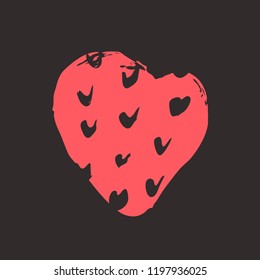Red heart on the dark background. Hand drawn love symbol. Clip art, brush, ink. Decor element for Valentine's day card, pattern, poster, label, sticker, postcard and print. 