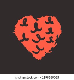 Red heart on the dark background. Hand drawn love symbol. Clip art, brush, ink. Decor element for Valentine's day card, pattern, poster, label, sticker, postcard and print. 