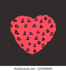 Red heart on the dark background. Hand drawn love symbol. Clip art, brush, ink. Decor element for Valentine's day card, pattern, poster, label, sticker, postcard and print. 