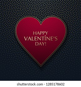 Red heart on a dark background with gold dots. Valentine's day congratulations. Vector illustration.