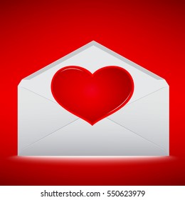Red Heart on envelope with red background.