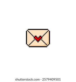 Red heart on envelope letter black outline pixel art Y2K icon. Romantic post message with squared contour. Vector graphic Love symbol aesthetic digital 8 bit style. St. Valentine day decoration