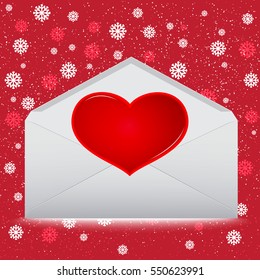 Red Heart on envelope with snow on red background.