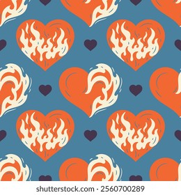 Red Heart on Fire Seamless Pattern. Burning Heart Symbol of Love for Valentine day design. Hand drawn vector illustration. Retro colors