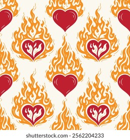 Red Heart on Fire Seamless Bright Pattern. Burning Heart Symbol of Love for Valentine day design. Hand drawn vector illustration. 