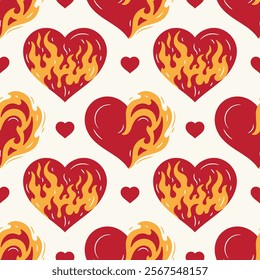 Red Heart on Fire Seamless Pattern. Burning Hearts Symbol of Love for Valentine day design. Hand drawn vector illustration.	
