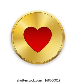 Red heart on gold metal badges. Valentines day. Vector background.