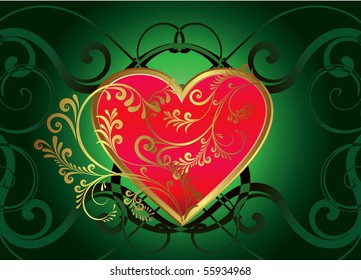 red heart on green background