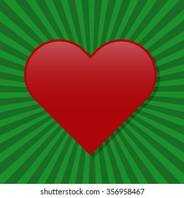 Red heart on green with shadows sun rays in background. Vector illustration love in Valentine day concept.