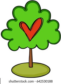 Red heart on green tree