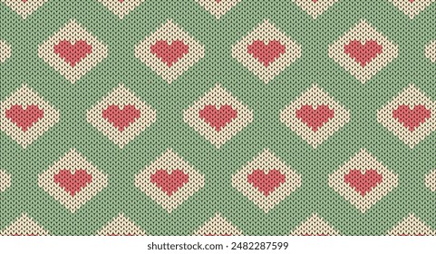 Red heart on green and white knitted pattern, Festive Sweater Design. Seamless Knitted Pattern