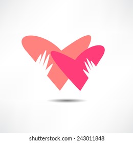 Red heart on hand, vector icon