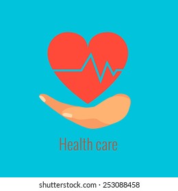 Red heart on hand, vector icon
