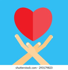 Red heart on hand, vector icon. Send Love Concept.