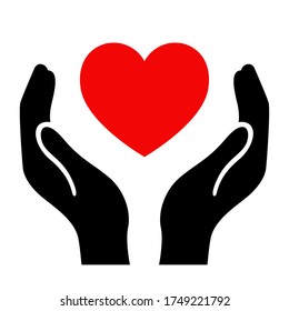 Red heart on hands vector icon isolated on white background.