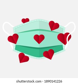 Red heart on medical mask for valentines day, vector art illustration.