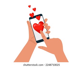 Corazón rojo en la pantalla del teléfono móvil. Mano sosteniendo un teléfono inteligente móvil con una aplicación de medios sociales. Ilustración plana de icono "Vector". Concepto de aplicaciones para smartphone. Smartphone con entrada de interfaz en red social