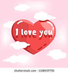 Red heart on a pink background with clouds and with the inscription I love you. Template greeting card. Vector illustration. wallpaper, banner , Announcement , poster , flyer , greeting card