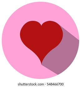 Red heart on pink background with gray shadow. Flat