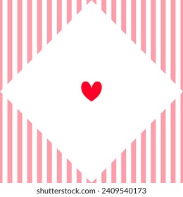 Red heart on pink and white stripes background. Valentines day card. Vector illustration.
