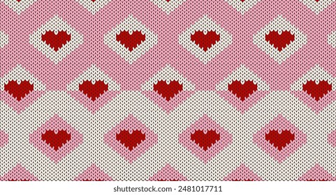 Red heart on pink and white knitted pattern, Festive Sweater Design. Seamless Knitted Pattern