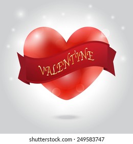 Red heart on the shiny background with red ribbon. Vector illustration.