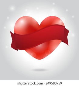 Red heart on the shiny background with red ribbon. Vector illustration.